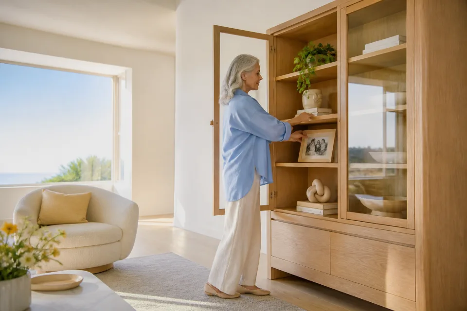 A silver-haired woman arranging books and ceramics in a light oak display cabinet