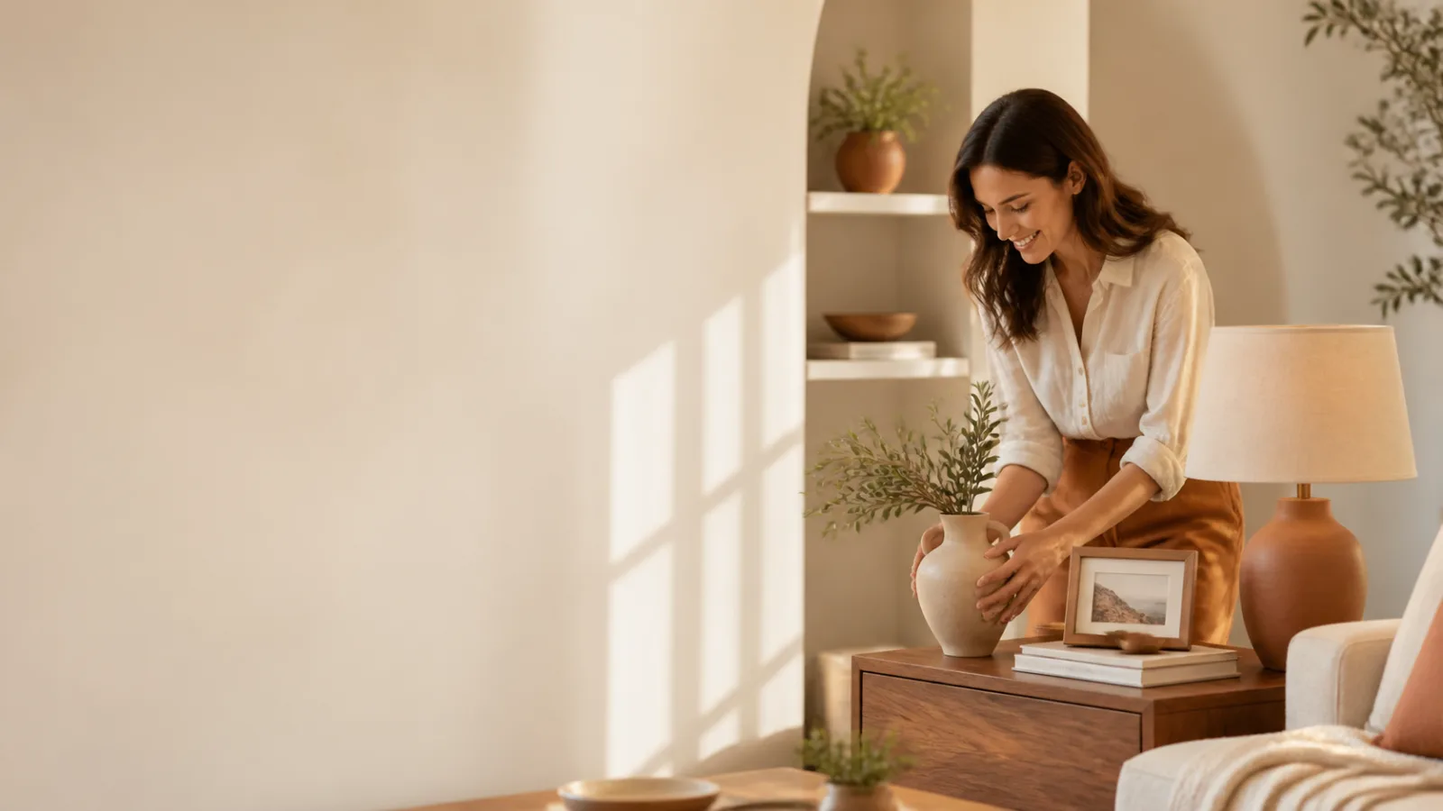 A woman arranging handcrafted decor in a warm, sunlit living room