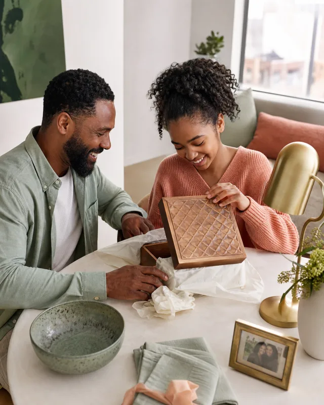 A father and daughter opening a handcrafted wooden keepsake box together