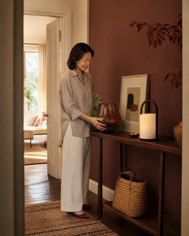 A woman styling glassware, art and a lamp on a warm walnut entryway table
