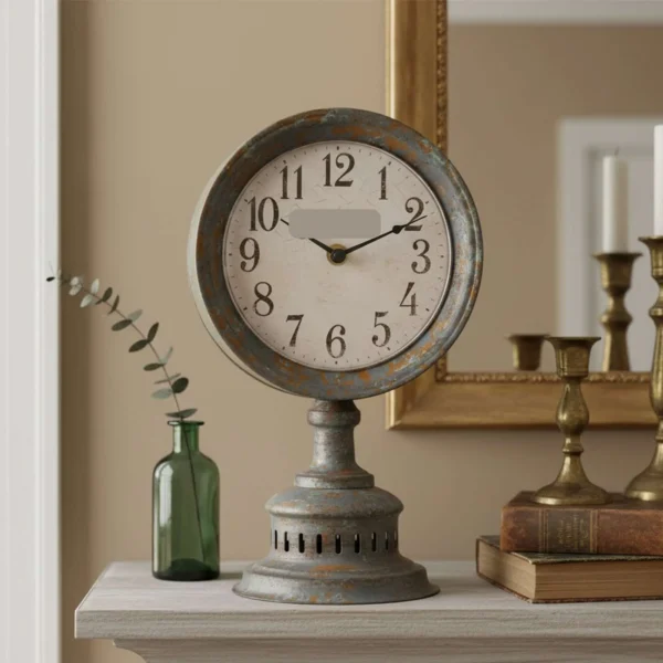 Distressed Metal Pedestal Mantel Clock