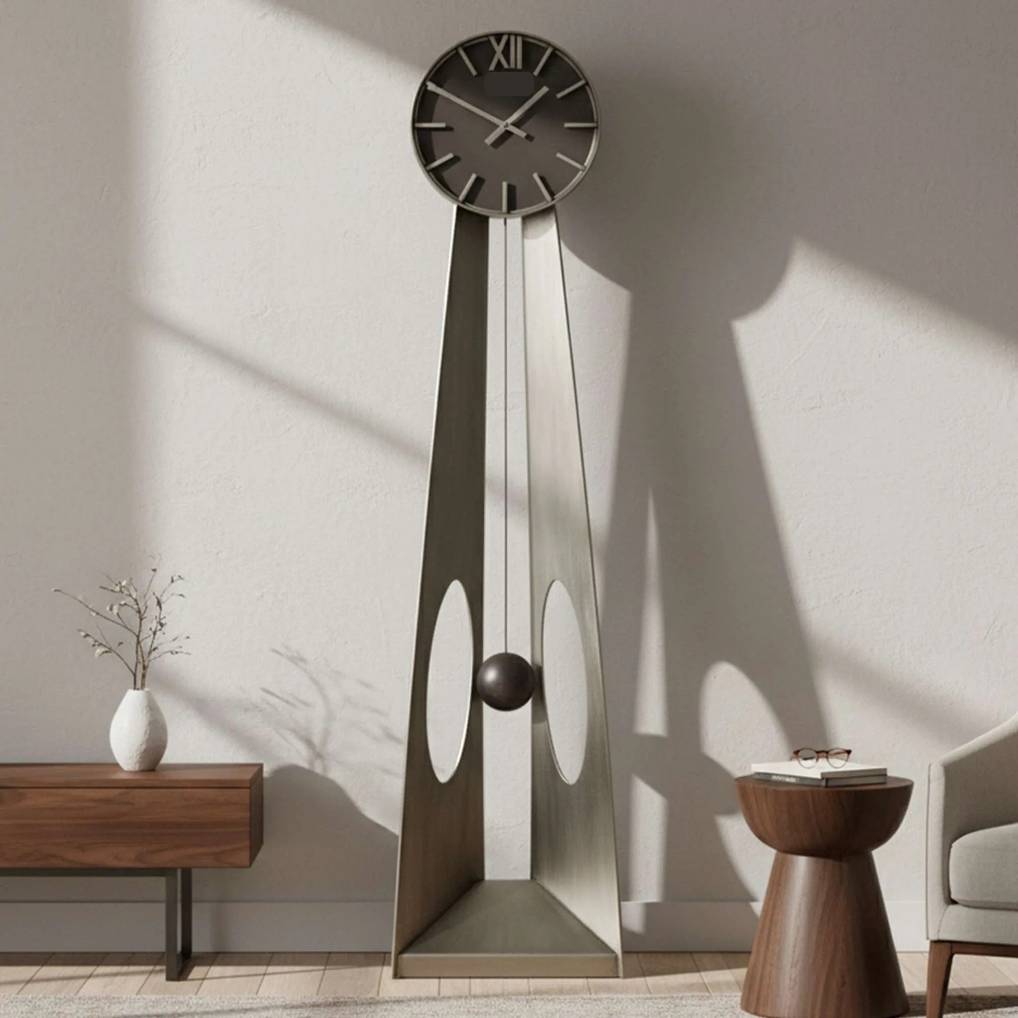 Aged Silver Sculptural Floor Clock