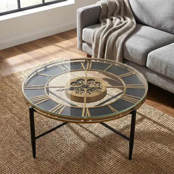 Aged Gold Glass-Top Clock Table