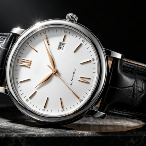White-Dial Automatic Watch with Black Leather Strap — view 3