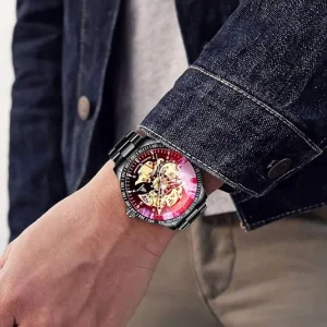 Black and Red Openwork Watch with Steel Bracelet — view 4