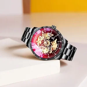 Black and Red Openwork Watch with Steel Bracelet — view 5