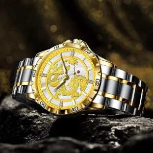Gold Dragon-Dial Watch with Steel Bracelet — view 3