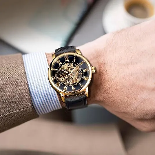 Gold-Tone Openwork Watch with Leather Strap