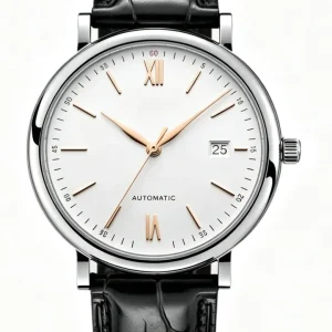 White-Dial Automatic Watch with Black Leather Strap — view 1