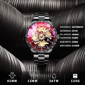 Black and Red Openwork Watch with Steel Bracelet — view 3