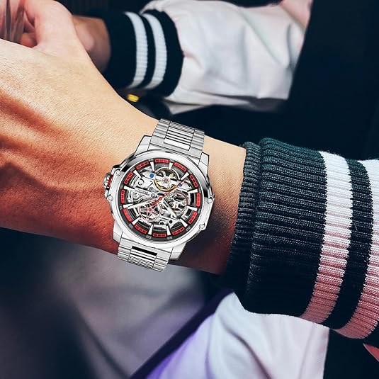 Silver and Red Openwork Watch