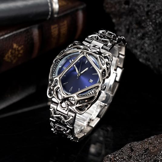 Blue-Dial Geometric Watch with Steel Bracelet