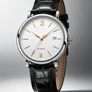White-Dial Automatic Watch with Black Leather Strap — view 4